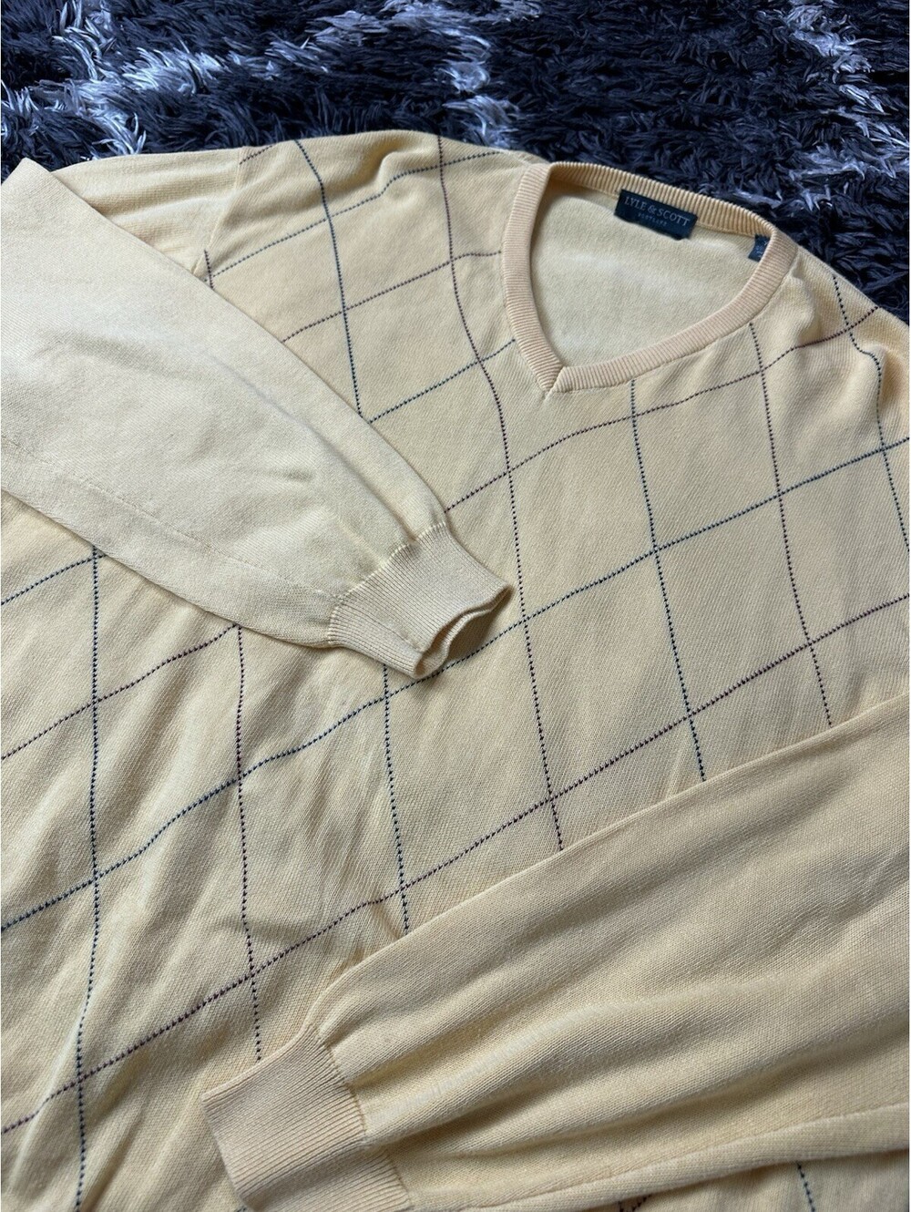 Lyle & Scott Scotland Mens XL Yellow Argyle V-Neck Sweater 100% Combed Cotton
